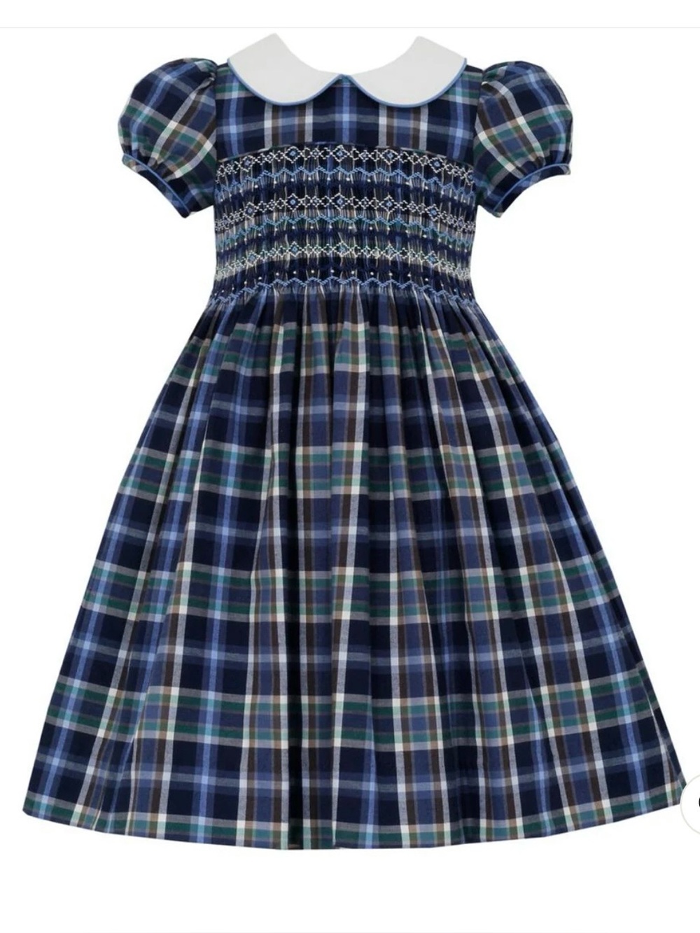 ANAVINI Classic Navy Plaid Smocked Dress with White Peter Pan Collar - Girls